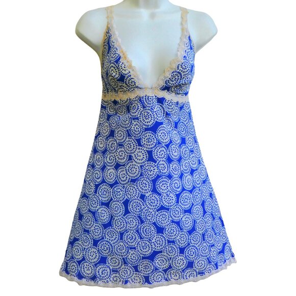 Vintage 50s Fernanda Babydoll Slip Dress Blue White Floral Lace Trim Italy - Picture 1 of 7